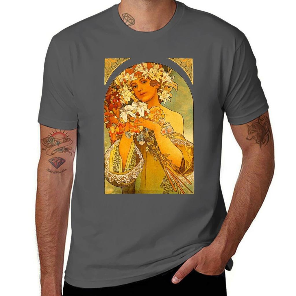 Flower by Alphonse Mucha TShirt Classic Print Short Sleeve Shirt