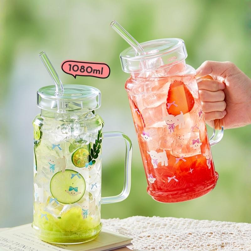 1080ml Große Kapazität Strohhalmbecher Glasbecher mit Deckel - Eiskaffeebecher, Wiederverwendbarer Trinkbecher für Kaffee, Tee, Eiskaffee Americano