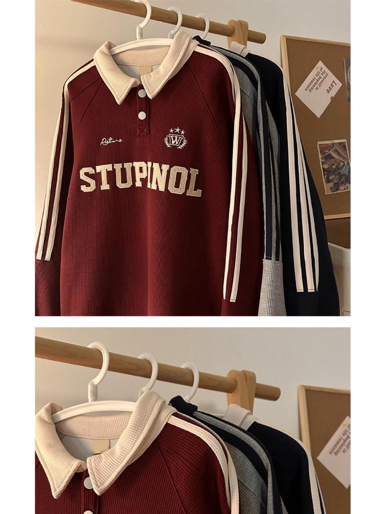 Men's Polo Sweatshirt 2025: Hong Kong-Inspired, Loose-Fit, Retro College Style, Long-Sleeve Top for Spring and Autumn.