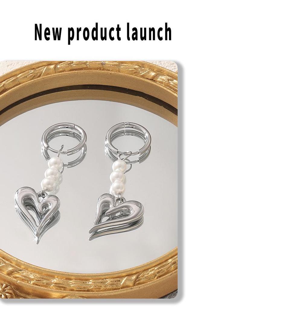 Titanium Steel 18k Gold Plated Heart Earrings with Cross Tassel and Imitation Pearl