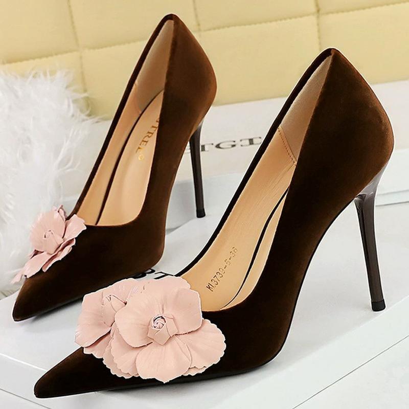 

Fashiona high heels 9.5 cm Color blocked flowers Women Pumps Thick Suede Elegant banquet shoes Stilettos heeled shoes woman 2025 34