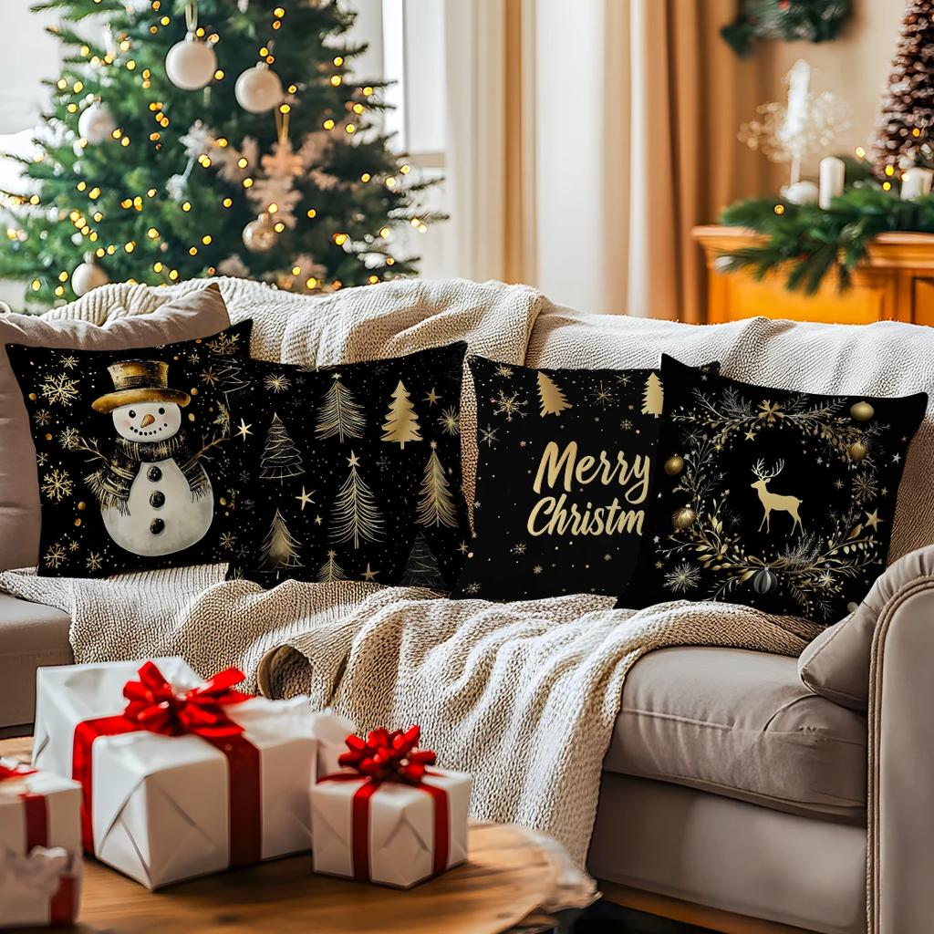 Black Gold Christmas Pillowcase Printed Polyester 45x45cm Throw Pillowcover Decorative Sofa Cushion Pillowslip Home Decor