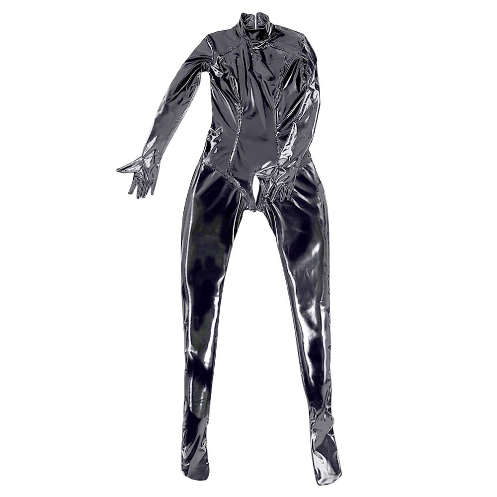 Sexy Women Glove Sleeve Pvc Wetlook Shiny Full Bodysuit Pu Elasitc Sexy Tight Zipper Crotch Maid Leotard Faux Leather