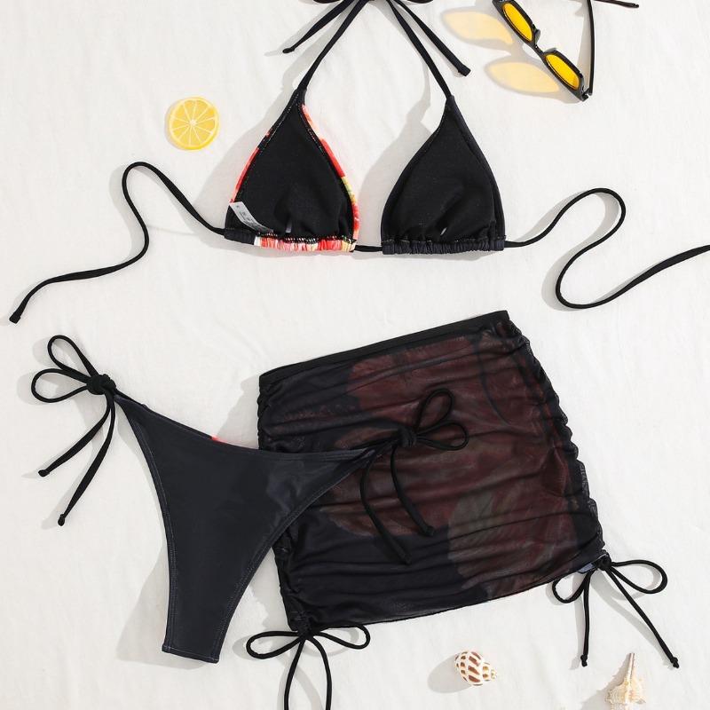 New printed lace-up mesh drawstring blouse sexy bikini three-piece swimsuit women