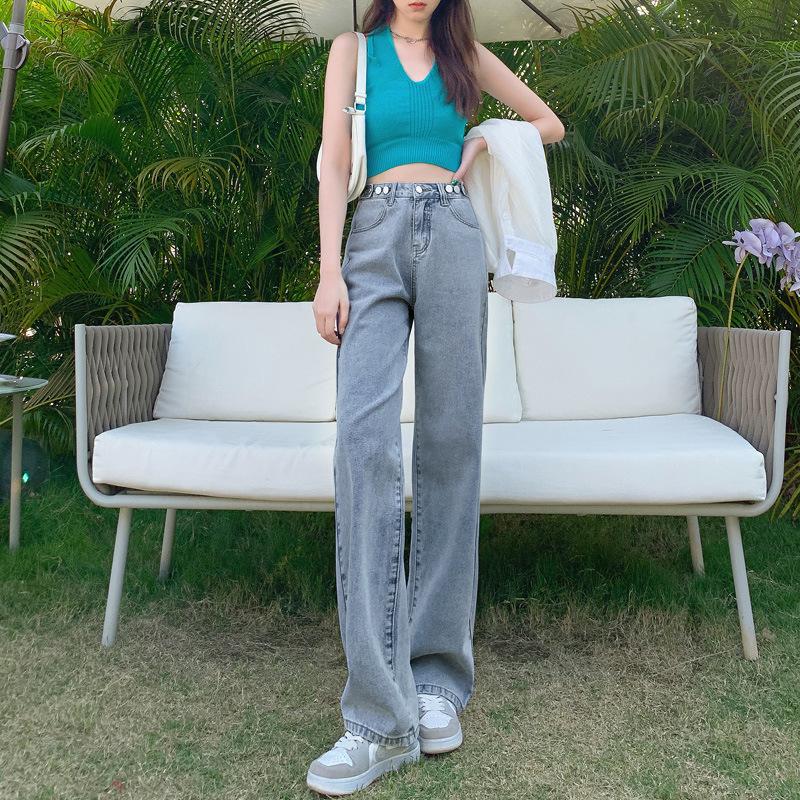 

Waist Adjustable Jeans Women s Spring and Autumn High Waist Straight Pants Loose and Skinny Small Wide Leg Floor Pants 2XL светло-синий