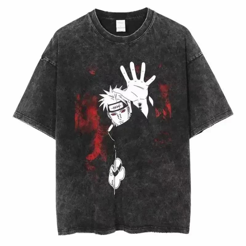 Baumwolle Herren Vintage Japan Anime Print Oversize T-Shirt Streetwear Harajuku Sommer Schwarz Kurzarmhemd Locker Baumwolle Oberteile T-Shirts