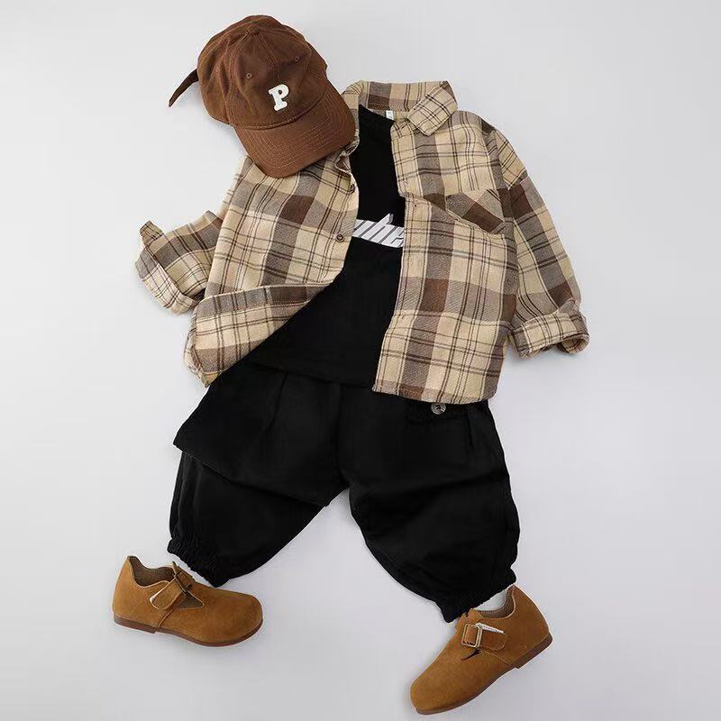 Boys Plaid Shirt Long Sleeve Spring Autumn Casual Top Stylish Kids Button Down Clothes