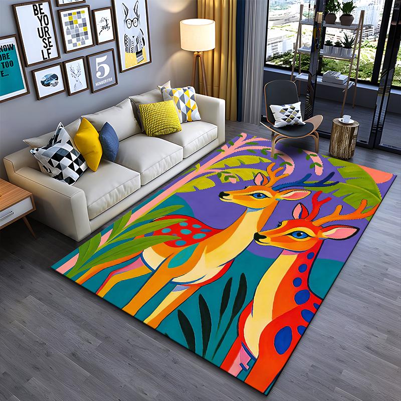Colorful Deer Pattern Carpet with Tropical Leaves Design Suitable for use as an anti-slip for living room bedroom sofas