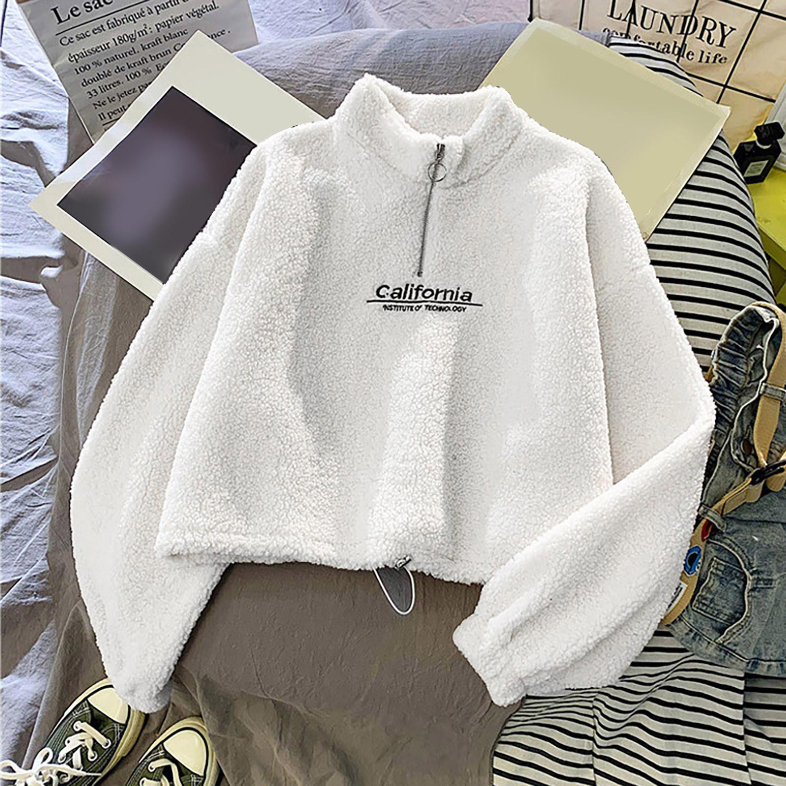 

Женская повседневная удобная полувысокая воротничок на молнии утолщенная овечья пушистая верхняя одежда осень-зима теплая толстовка XL белый