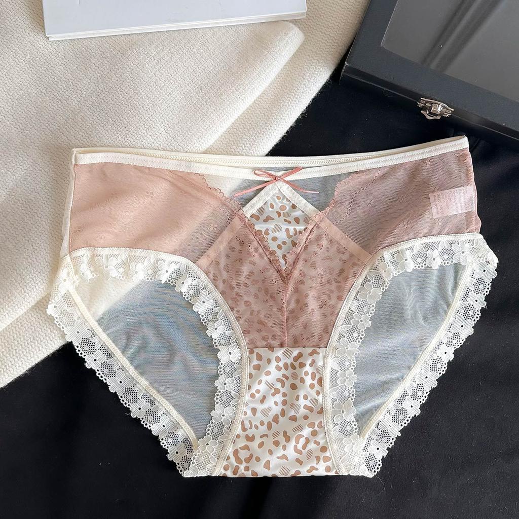 Ladies Summer Light Luxury Satin Pure Sexy Lace Leopard Hollow Mesh Gauze Briefs