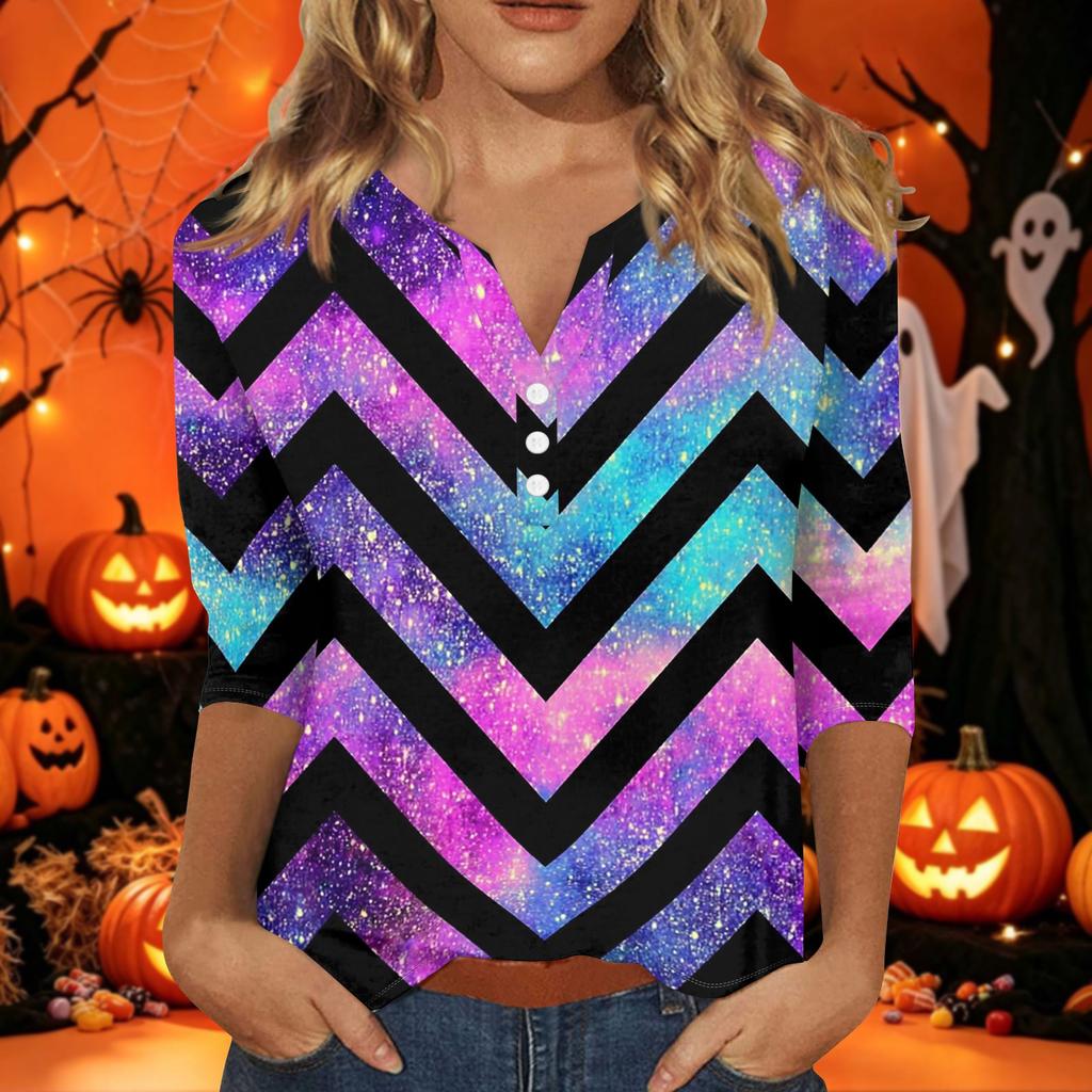 Women's Halloween Print V-Neck 3/4 Sleeve T-Shirt with Decorative Buttons Casual Top