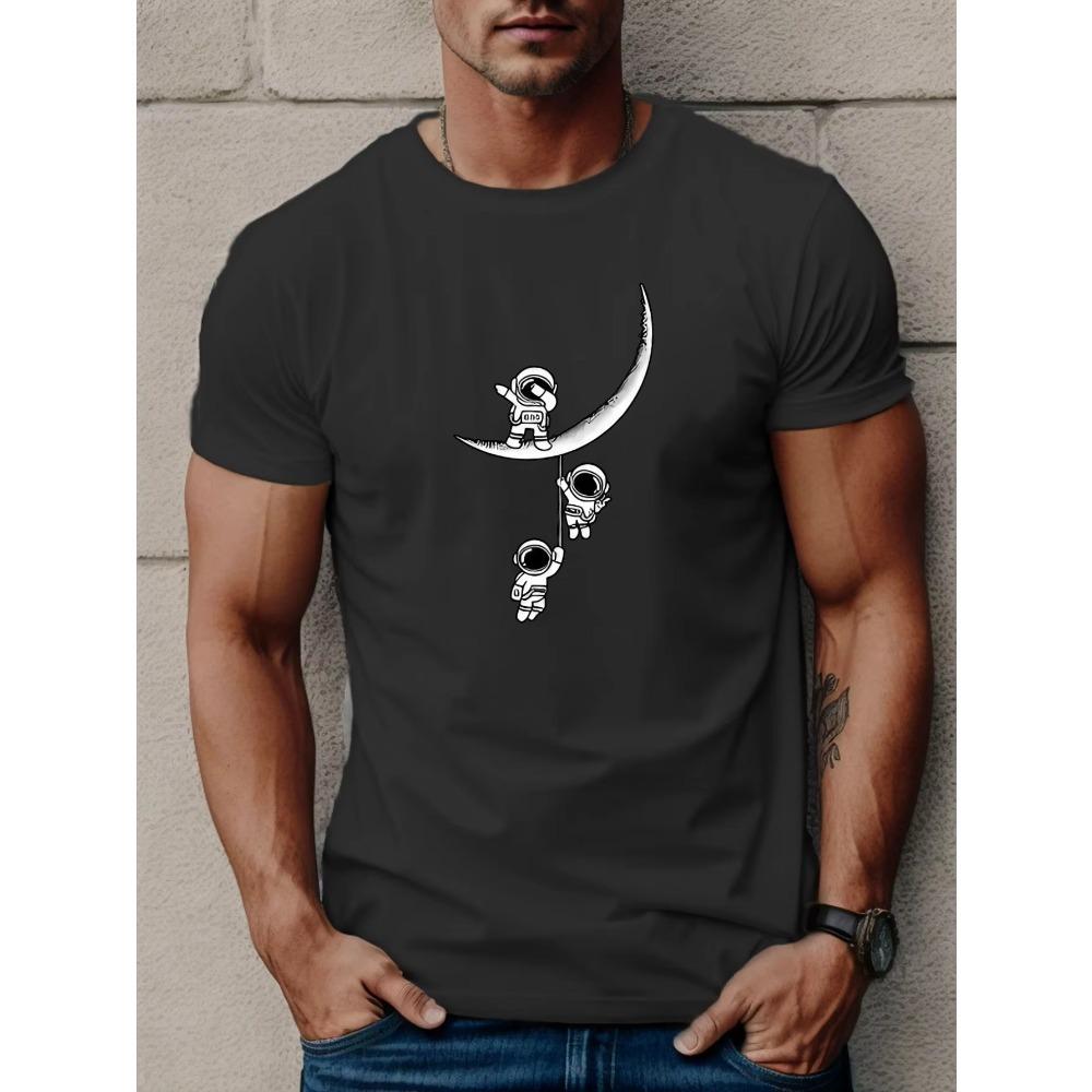 Astronauts On The Moon Print T Shirt, Tees For Men, Casual Short Sleeve T-shirt For Summer