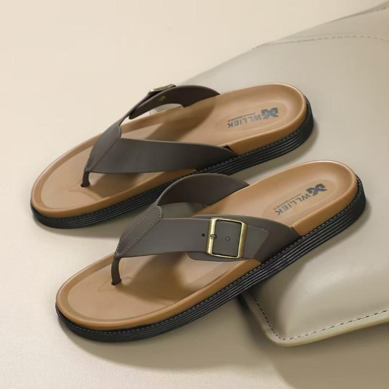 Men's Buckle Decor Flip Flops Non-slip Thick Sole Thong Sandals Casual Summer Beach Slippers