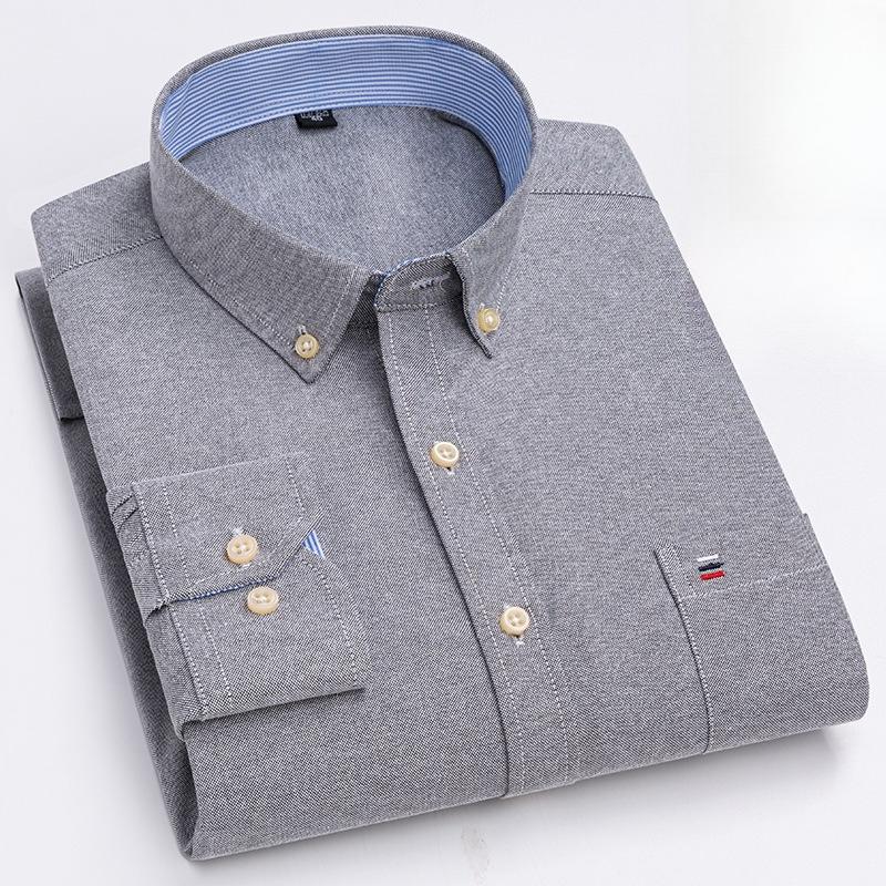 Men's Oxford Long Sleeve Square Collar Soild Plaid Striped Summer Casual Shirts Single Pocket  Shirt
