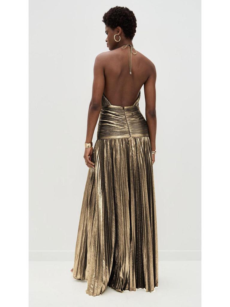 European and American Women's Metallic Pleated Slit Halter Dress 8155 - Sleeveless & Backless