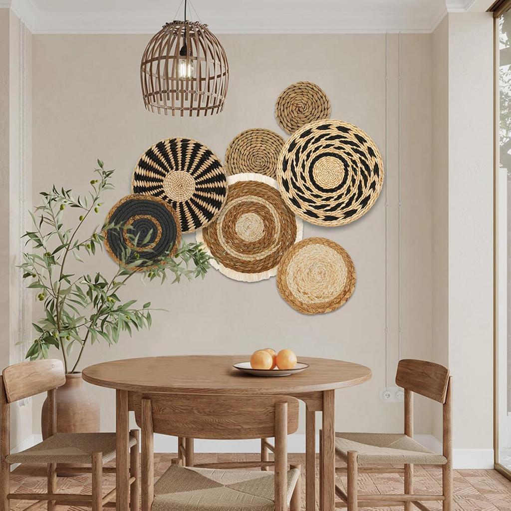 PieJoFpy 7 Pack Boho Wall Art - Seagrass Rattan Wicker Hanging Baskets, Round Flat Wall Decor