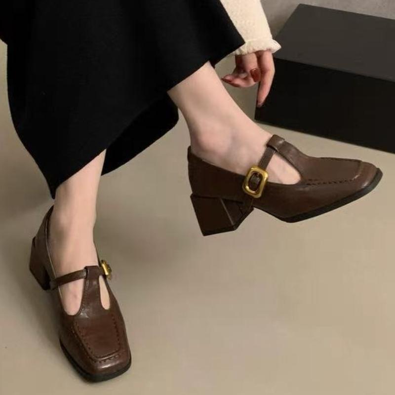 2026 New Strap Leather Shoes Women's French Square Toe Mary Jane Shoes Retro  Mid Heels Oxford Shoes Women's Pumps