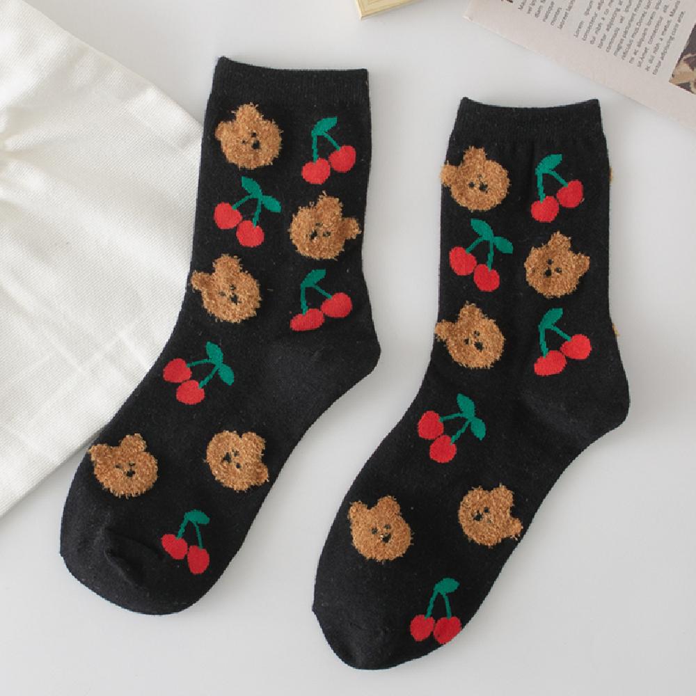 New Chic Girls' Cute Cartoon 3D Hairy Feather Yarn Rabbit Bear Peach Cherry Soft Cotton Casual Socks Preppy Style Dropship