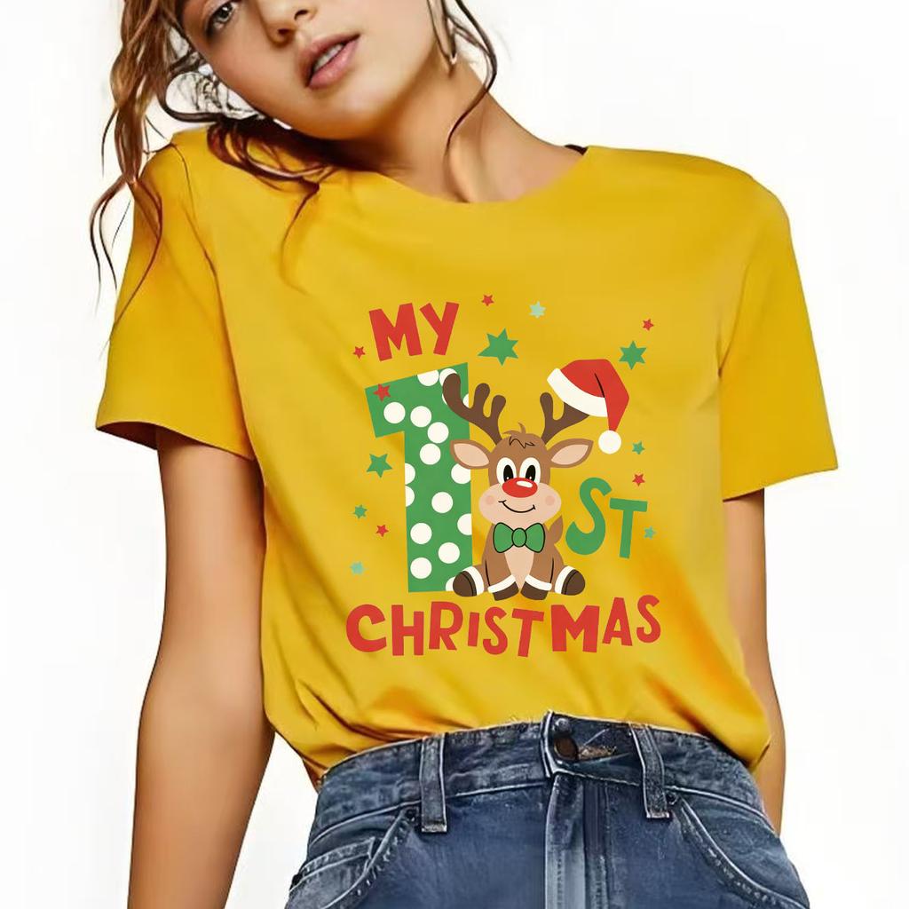 Christmas reindeer cartoon print Womens short sleeved holiday Tshirt summer round neck suitable for daily versatility