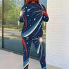 Women Plus Size Two Piece Set Round Neck Long Sleeve Firework Printed Navy Blue Fitted Pants