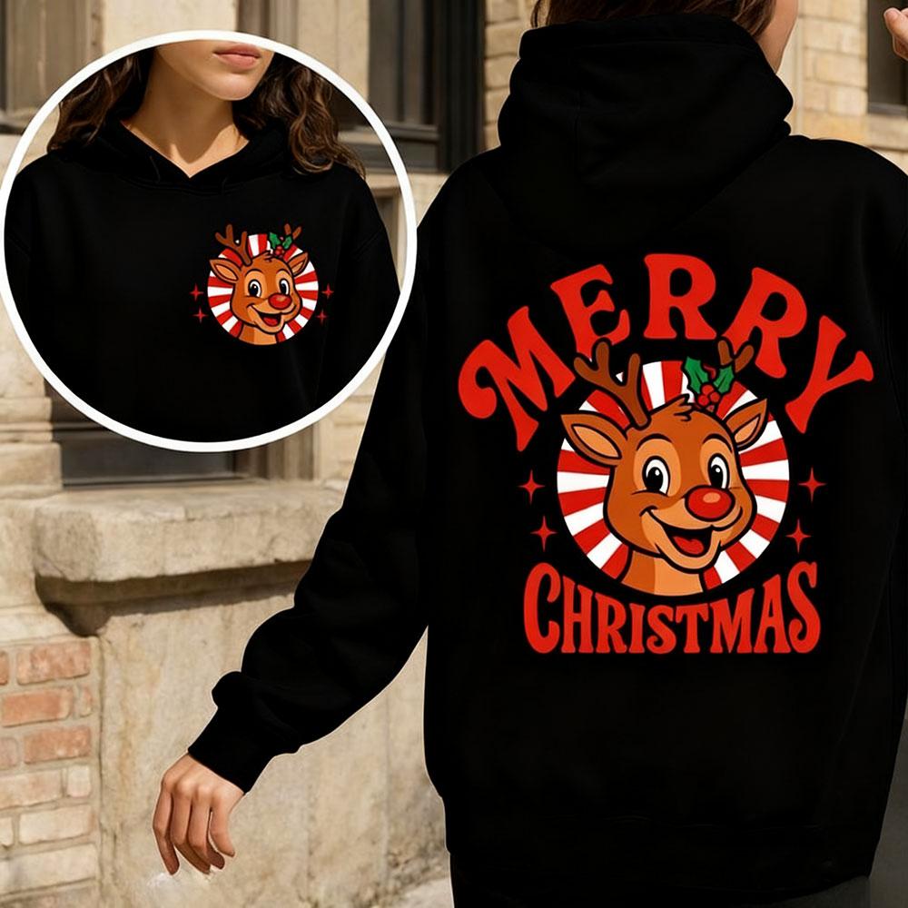 Retro Merry Christmas Reindeer 2-Sided Graphic Women Hoodies Vintage Christmas Reindeer Tops Festive Christmas Women's Clothing