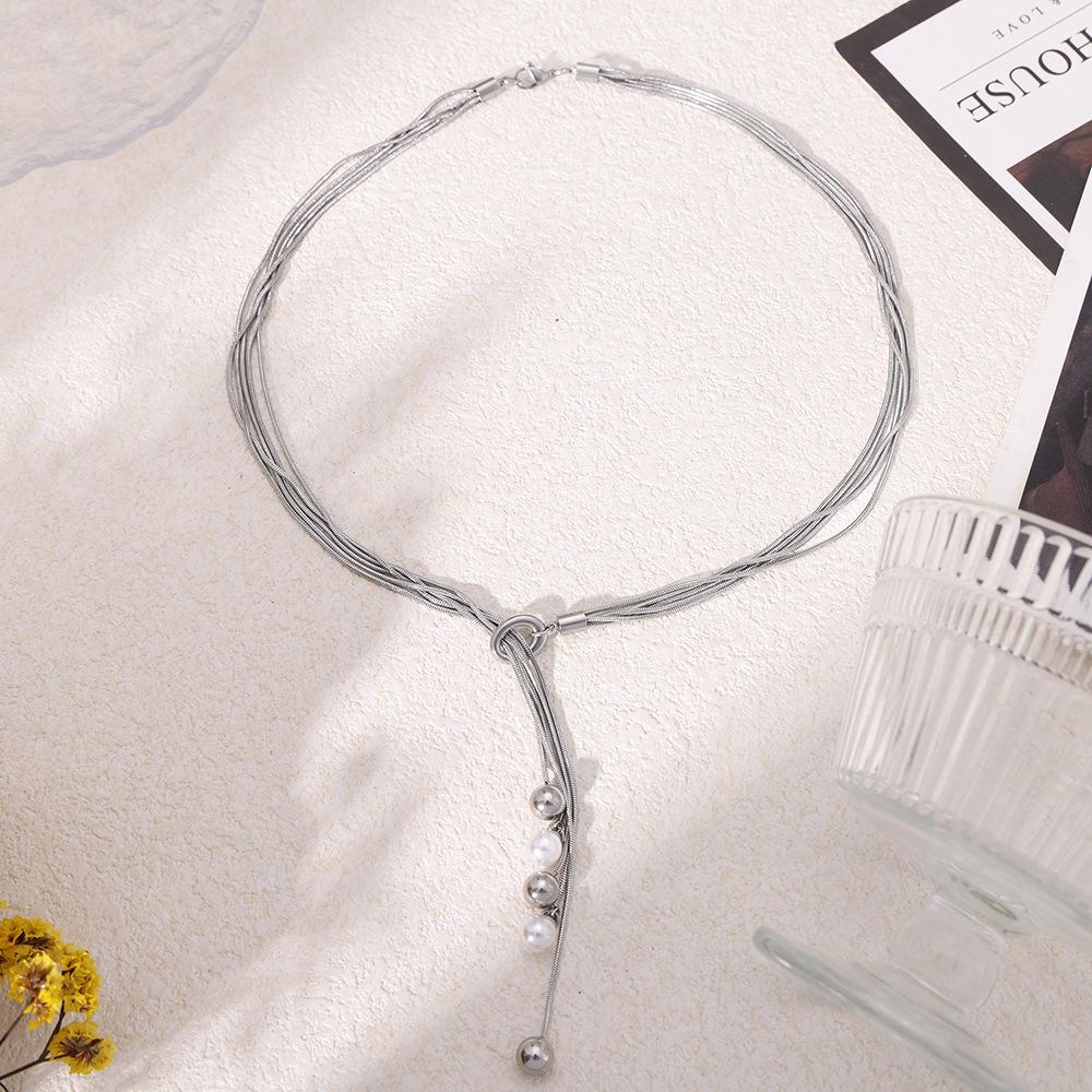 Mehrschichtige Linie Quaste Imitation Perle Anhänger Halskette OT Schnalle kann gezogen werden Edelstahl Kaltwind Schmuck