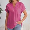 Women's Fashion Solid Color V Neck Button Pocket Short Sleeved Shirt Cotton Casual  T-shirt Top