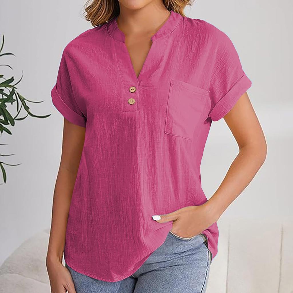 Women's Fashion Solid Color V Neck Button Pocket Short Sleeved Shirt Cotton Casual  T-shirt Top