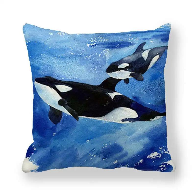 Watercolor Whale Polyester Throw Pillow Cover Sofa Bedside Cushion Pillowcase Ocean Blue Sea Fish Decorative Pillowcases 45X45Cm