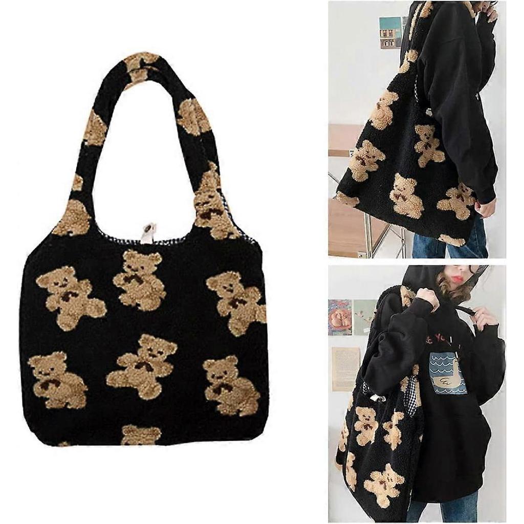 Pluizige Schoudertas Dames Zacht Schattige Beer Schoudertas Grote Lamsvel Handtas Zwart 1 stuks
