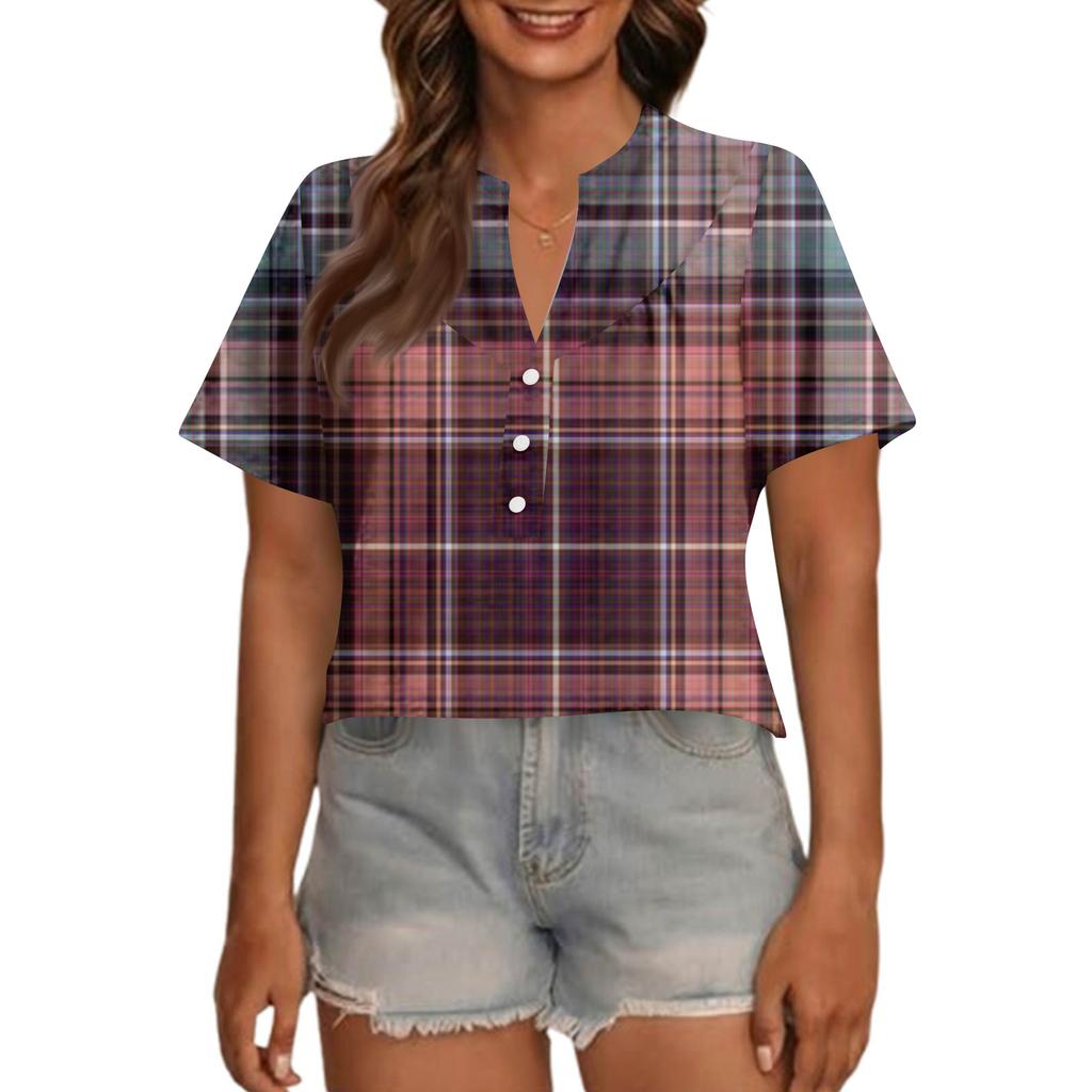 Women's Fashionable Casual V Neck Button Up Oversized Short Sleeve Printed Top