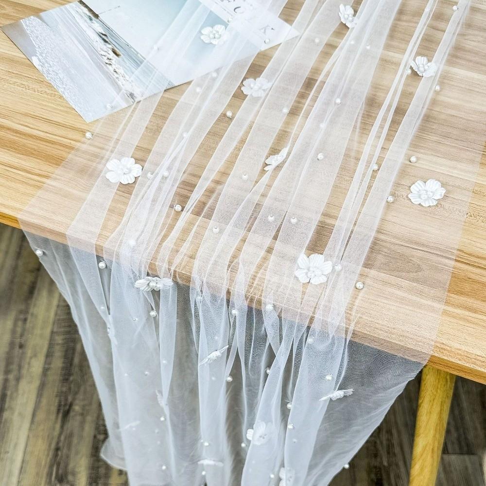 Elegant Flower Pearl Tablecloth Romantic Semi-Transparent Table Runner Decorative Pearl Embellishments Tulle Fabric Tablecloth