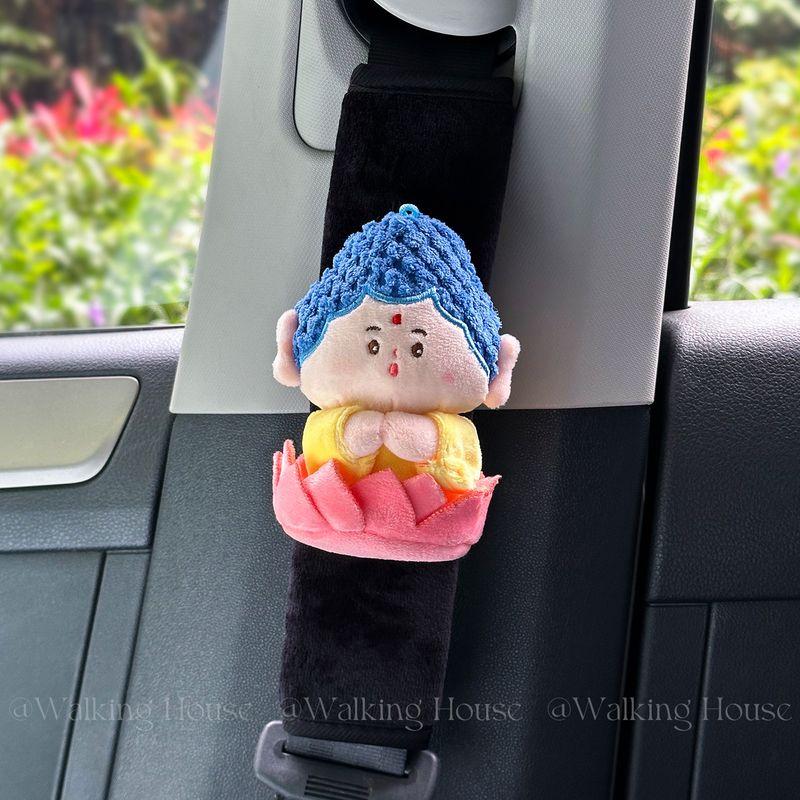 Car Seatbelt Shoulder Pads, Cute and Funny Buddha and Bodhisattva Lotus Plush Car Interior Decorations, Gifts Buddha [Black Shoulder Pad] 1 Piece
