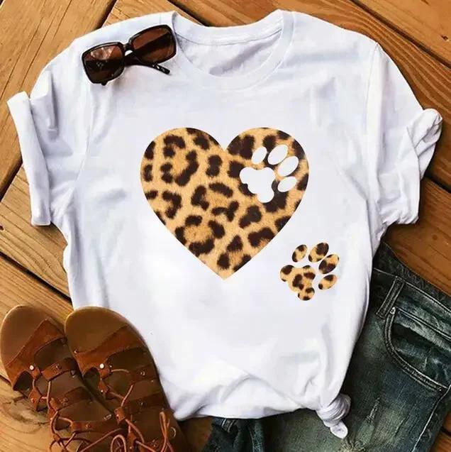 Women's Large Size Short Sleeve Crewneck T-Shirt Cartoon Hand-Painted Dog Paw Print Warm Polyester Fabric Summer Fashion