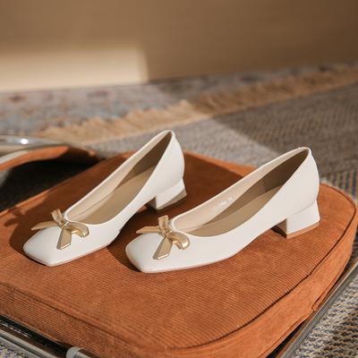 33502 Square Head Thick Heel Temperament Women's Shoes Bow High Heel Versatile Women's Casual Shoes Middle Heel Comfortable Women's Shoes