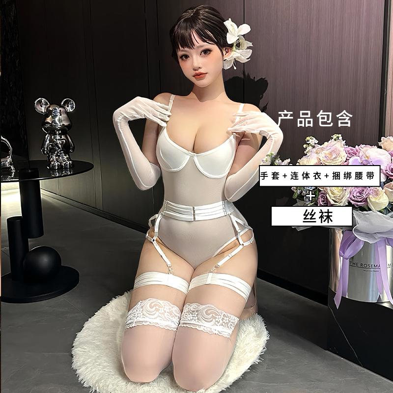 European and American fun purple suit, new steel tray mesh see-through onesie with leg rings, love underwear