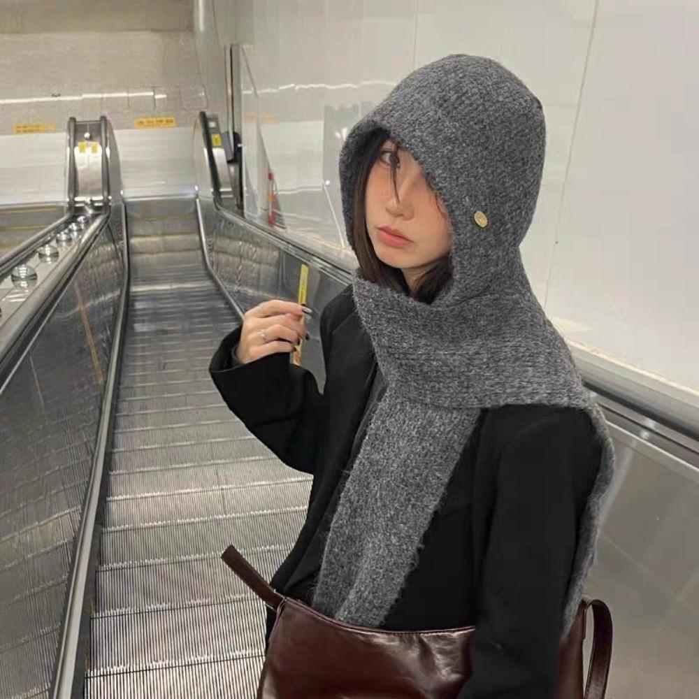 Solid Color Hooded Hat Warm One-Piece Scarf Cap Fashion Knitted Winter Balaclava  Outdoor