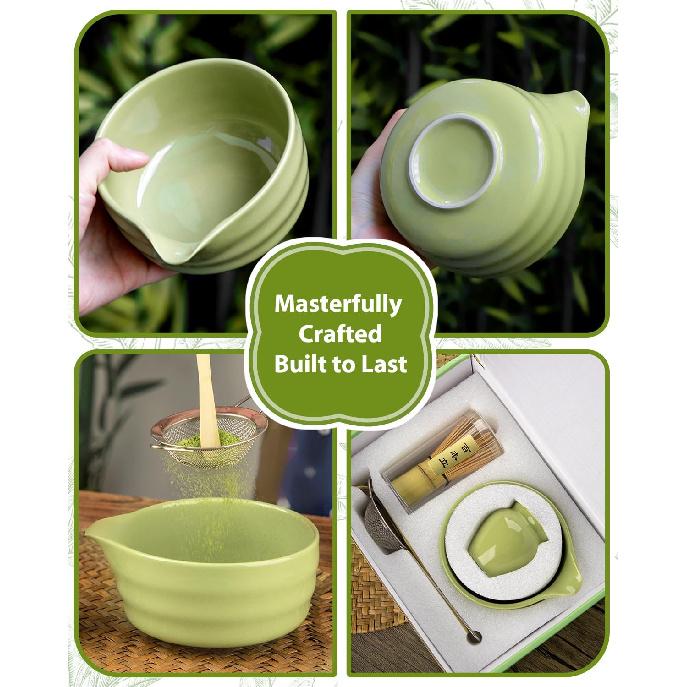 Matcha Whisk Set - 5PCS Matcha Set Includes 17OZ Chawan with Spout, Bamboo Chasen Whisk with Ceramic Holder, Mat cha Scoop and Stainless Sifter,