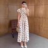 2026 European Retro Polka Dot Puff Sleeve Lace-up Slimming Dress