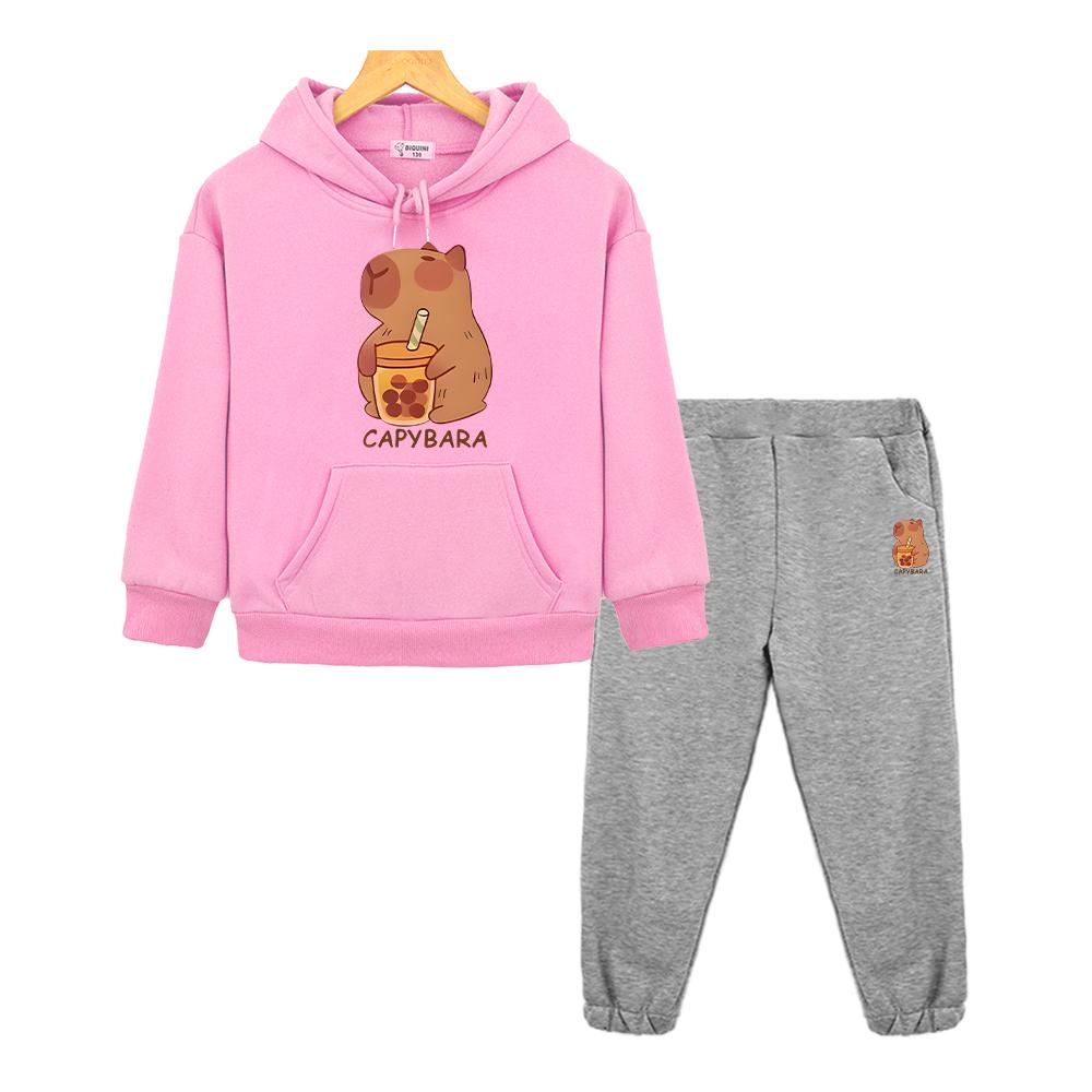 Capybara Milk Tea Anime Hoodie Fleece Sweatshirt Boy Girl Sports Hooded Sets Jacket 2pcs pullover+Pant Kids Boutique Clothes