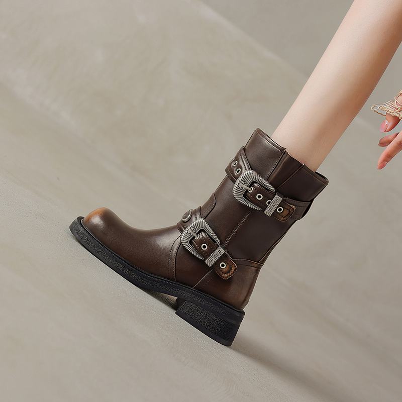 Krazing Pot Kravská kůže Čtvercová špička Zimní Střední podpatky Moderní Westernové boty Ženy Rockový styl Vintage Kovové zapínání Kotníkové boty
