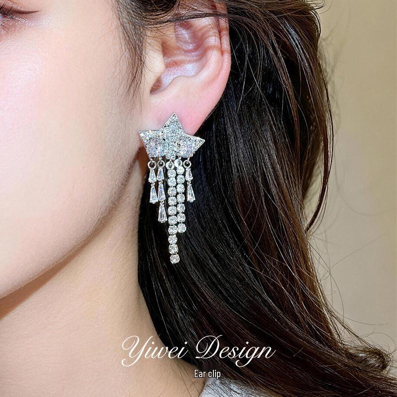 18k Gold Plated Star Tassel Zirconia Ear Clip Earrings: Fashionable and Elegant Design for Women