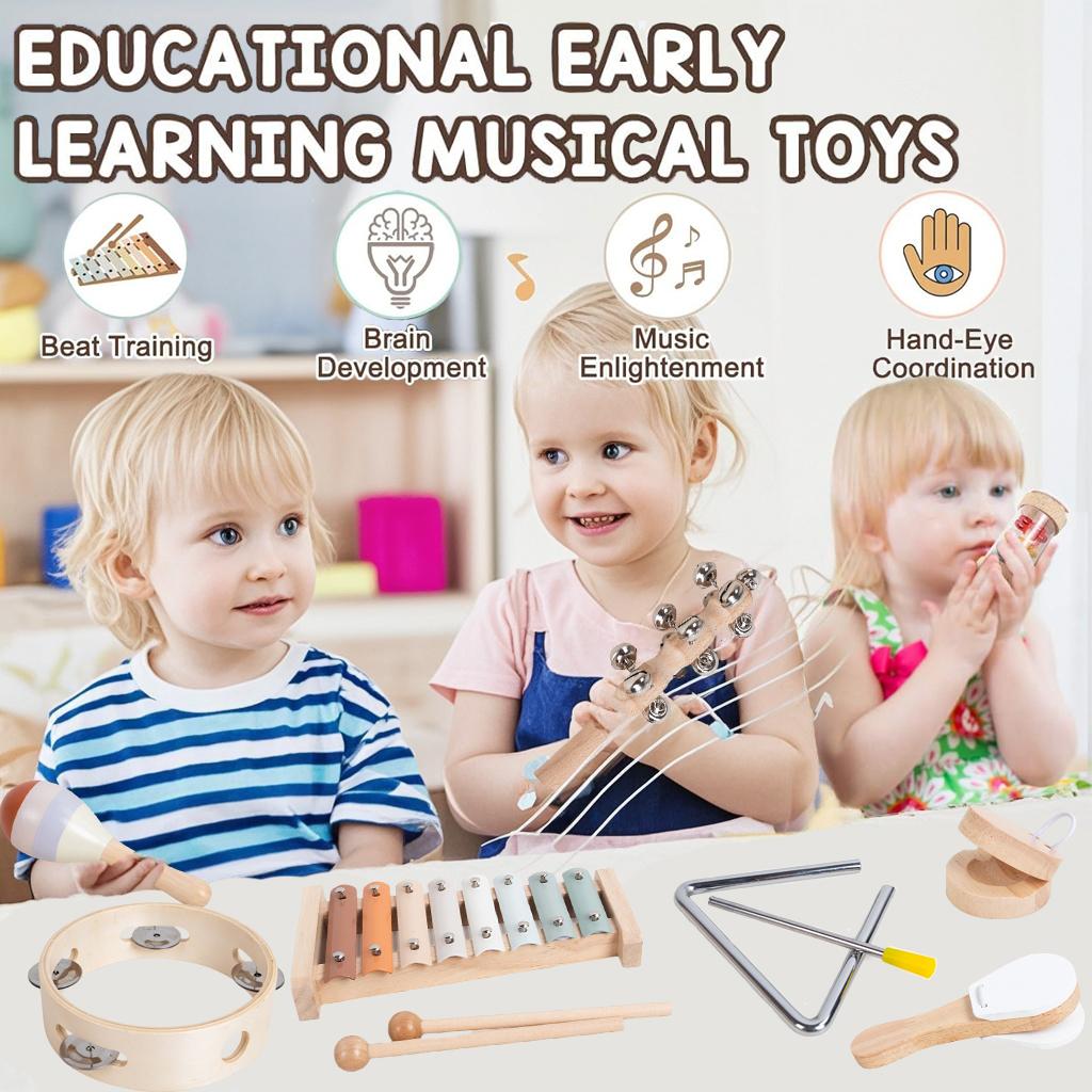 Toddler Musical Instruments Montessori Wooden 6/8Pcs Percussion Instruments Set or Kids Baby Preschool Educational Musical Toy