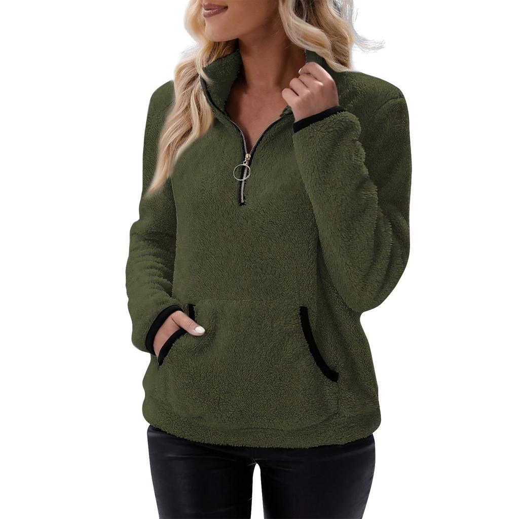 Damen Fleecesch Pullover Langarm Viertelreißverschluss Stehkragen Sweatshirt mit Kängurutasche Lässiges Lockeres Oberteil