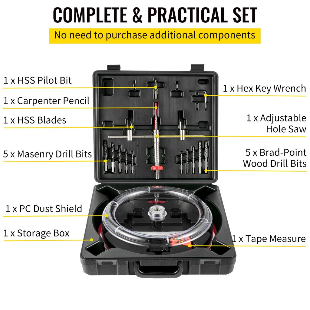 SucceBuy Adjustable Steel Hole Saw Cutter Kit 40-200mm w/ Shield Hole Cutter Drill Bit DIY Tool Sheetrock Veneer Slate
