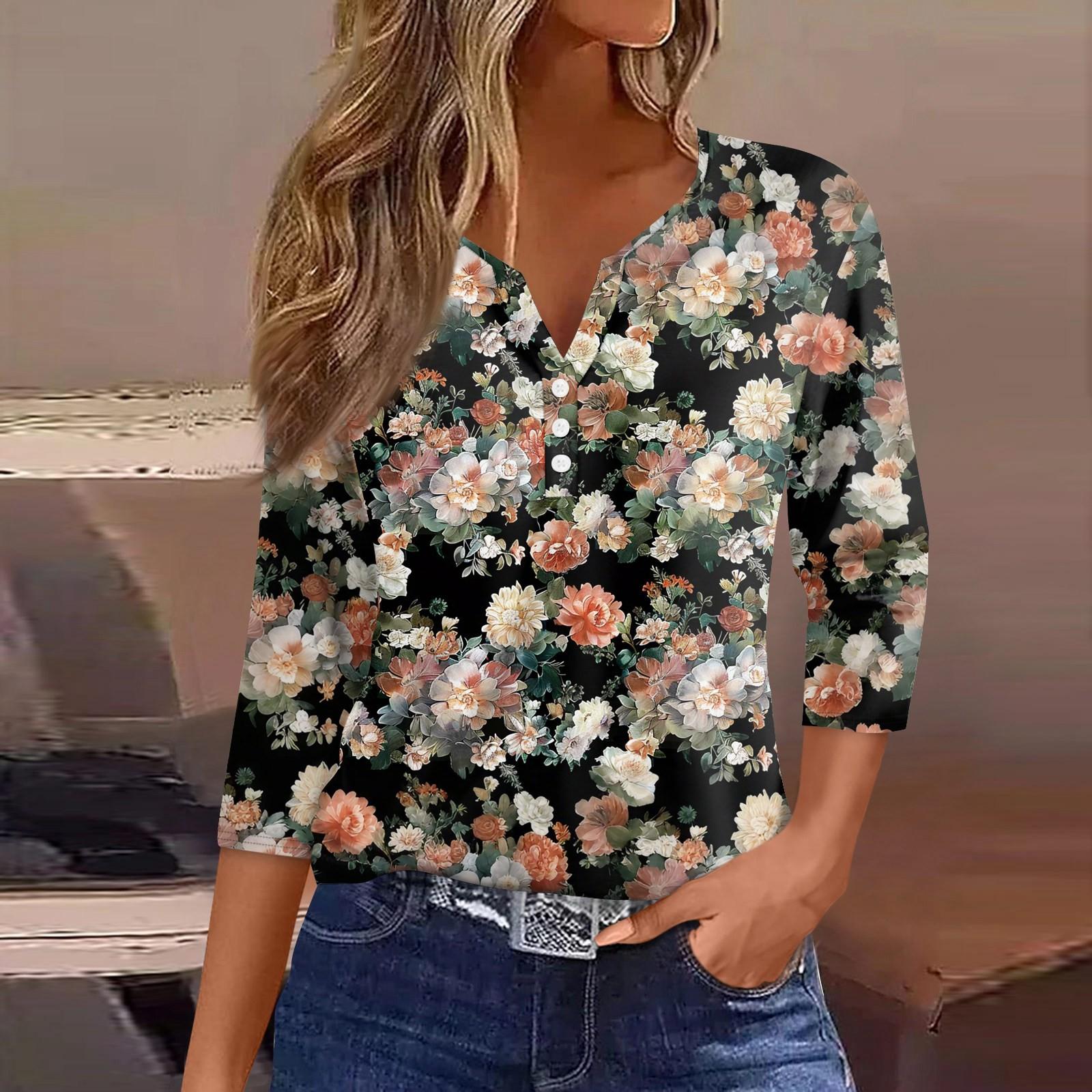 

Жен. Футболка С принтом Пуговицы Рукав 3/4 Повседневные Выходные Мода Классический Классический V-образный вырез Обычный Верх L