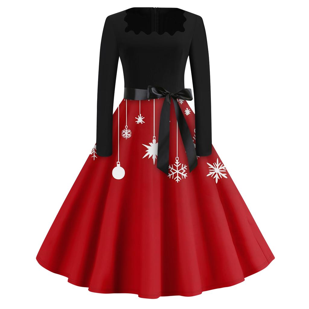 Christmas Print Flare Dress For Women Long Sleeve Dress Hollow Party Casual Square Collar Dresses