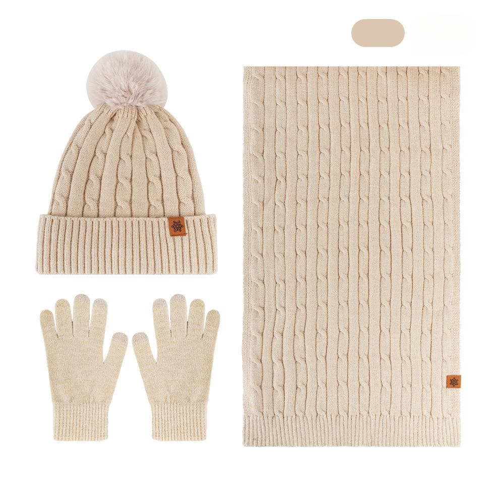 Knitted Hat Scarf Gloves Set Women's Winter Double Layer Plus Velvet Thick Outdoor Warm