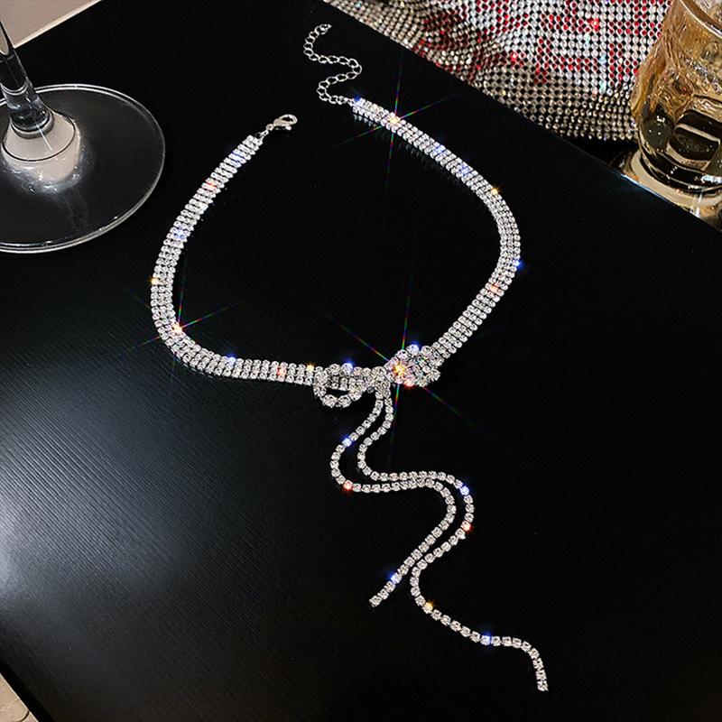INS Style Rhinestone Bow Tassel Choker Necklace: Trendy, Versatile Clavicle Chain for Women