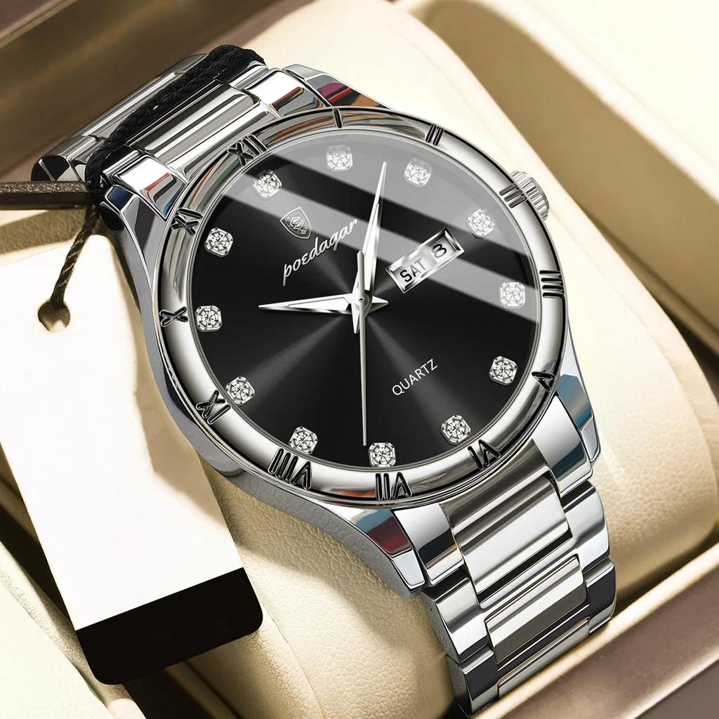 POEDAGAR Luxury Men's Quartz Watch Date Week Waterproof Luminous Man Watch Stainless Steel Casual Fashion Watches For Men